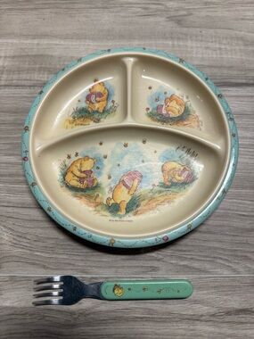 Winnie the Pooh Divided Kids Plate with Fork - Yellow & Mint Vintage Rare